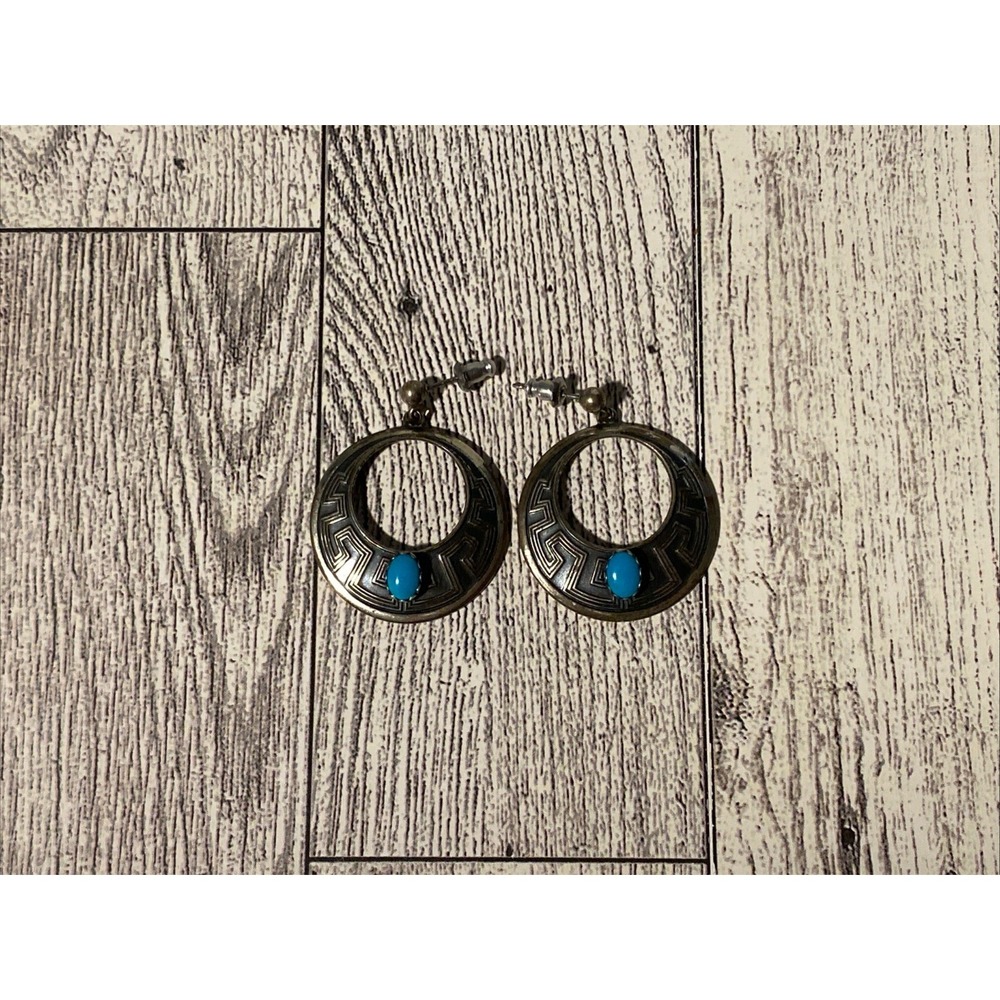 Vintage 1-1/8" Sterling Turquoise Circle Hoop Earrings Etched 8.16g Signed